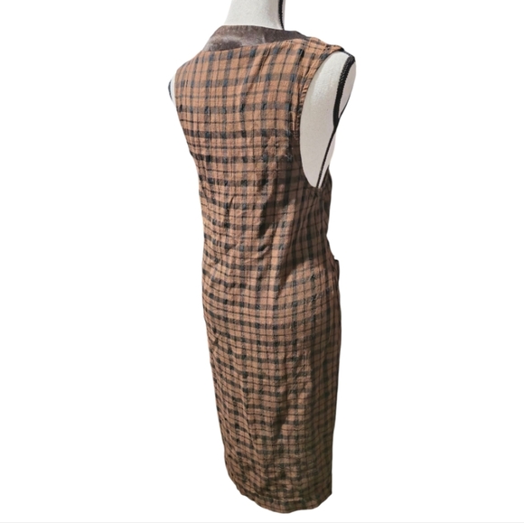 Vintage Plaid Buttondown Brown Sheath Sleeveless Midi Vest Dress with V-Neck - Picture 3 of 6